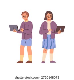 Children in uniforms holding laptops. Vector boy and girl programmer coding. Isolated kids doing computer science research, scientists. Professional role playing in educational institutions