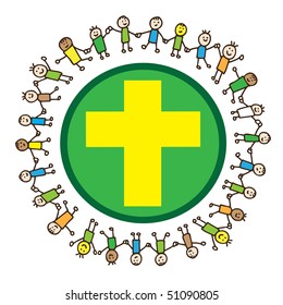 Children united holding hands around cross sign