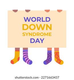 Children In Unpaired Socks Holding Banner For Down Syndrome Day Flat Style Vector Illustration