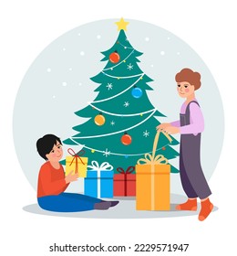 Children unwrap New Year's presents. Christmas or New Year illustration. EPS 10.