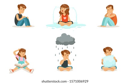 Children are upset and cry. Vector illustration.