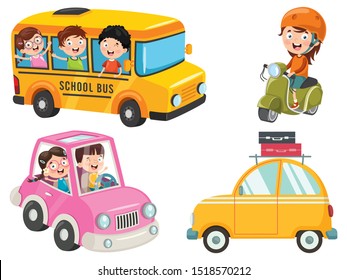 Children Using Bus, Motorcycle And Car