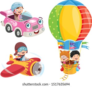 Children Using Car, Plane And Hot Air Balloon