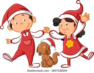 The children using the Christmas hat and playing with his dog