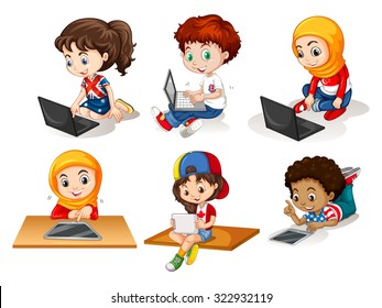 Children Using Computer And Tablet Illustration