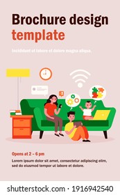 Children using devices at home. Smartphone, learning game, social media flat vector illustration. Communication, internet, lockdown concept for banner, website design or landing web page