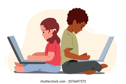 Children Using Gadgets, African and Caucasian Boy and Girl Sitting with Laptops. Kids Remote Education, Toddlers Characters Use Smart Technologies, Studying Online. Cartoon People Vector Illustration