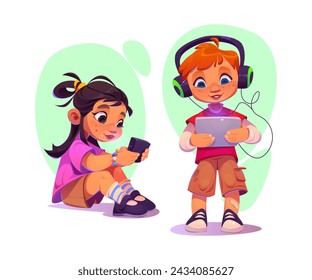 Children using gadgets isolated on white background. Vector cartoon illustration of girl sitting watching video on smartphone, boy in earphones playing game on tablet, technology addiction, education