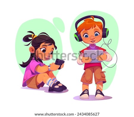 Children using gadgets isolated on white background. Vector cartoon illustration of girl sitting watching video on smartphone, boy in earphones playing game on tablet, technology addiction, education