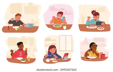 Children Using Gadgets Like Smartphones And Tablets While Eating Meals. Vector Scene Reflects Modern Technology Habits Among Kids During Mealtime, Depicting A Common Family And Lifestyle Scenario