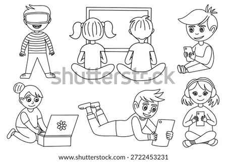 Children using gadgets set. Children gadget addiction vector sketch set. Hand drawn kids with smartphone, laptop, note and VR glasses