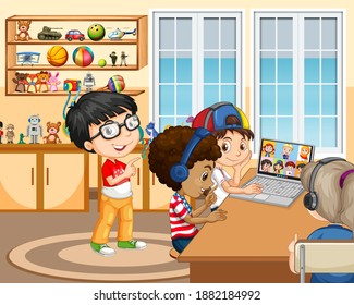 Children using laptop for communicate video conference with friends in the room scene illustration
