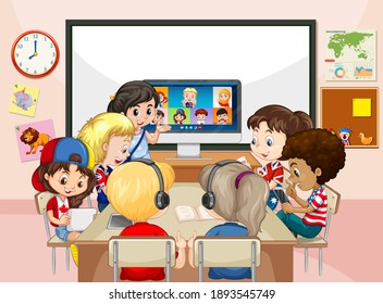 Niños que utilizan una laptop para comunicar videoconferencia con profesores y amigos en la ilustración del aula