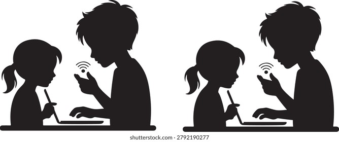 Children Using Laptop Computer and Smart Voice Assistant Silhouette Vector Illustration