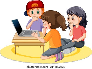 Children using laptop on white background illustration
