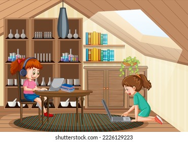 A children using laptop for online learning illustration