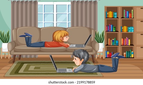 Niños que usan laptops en ilustraciones domésticas