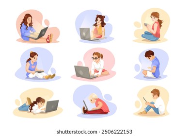 Children using laptops and tablets on colorful backgrounds. Vector illustration