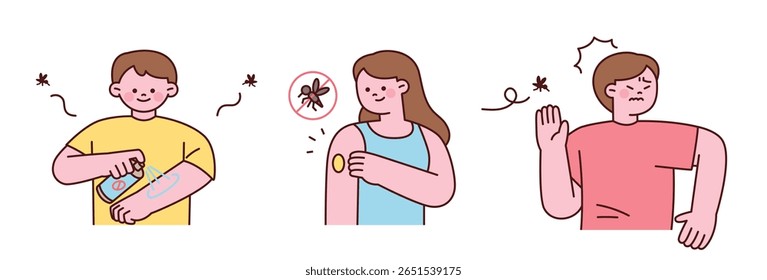 Crianças que usam spray repelente de mosquito, mancha de inseto e gestos manuais para manter os mosquitos afastados. Ilustração de proteção contra pragas de verão.
