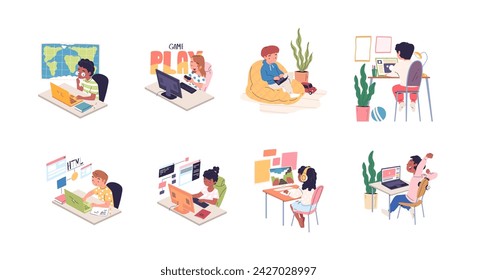 Children using pc. Child students computer internet technology, kid learner homework or game playing on laptop screen, smart kid toddler addiction vector illustration of education school technology