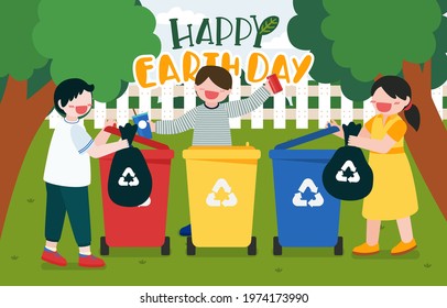 Children using renewable energy by walking, riding bicycle and scooter for transport and help to save the earth, Happy earth day concept, vector illustration
