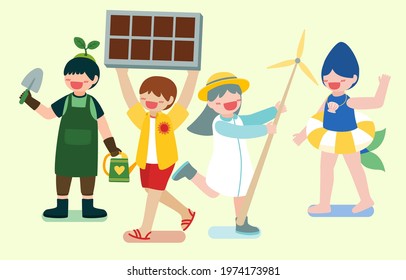 The children Using renewable energy from nature with Solar energy From solar panel and wind turbine, Happy earth day concept, vector illustration