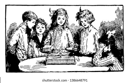 Children Using Scales to measure a book or weights, equal,  students, vintage line drawing or engraving illustration.