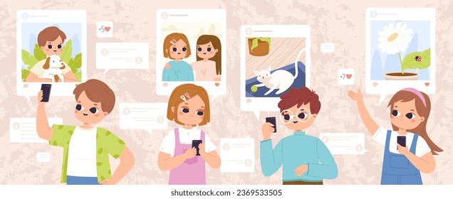 Children using social media with smartphones, posting and chatting. Cute toddlers with phones, doing likes and post photos, snugly vector concept