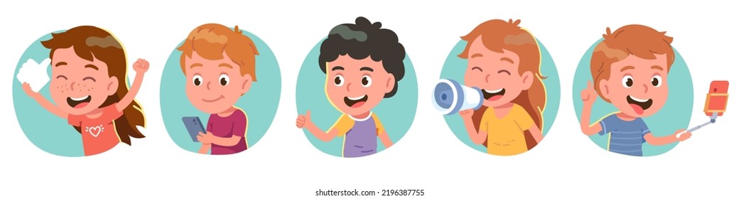 Children using social network on mobile phones. Boys, girls persons take selfie photo, post, get positive feedback on cell smartphones. Kids internet communication concept flat vector illustration set