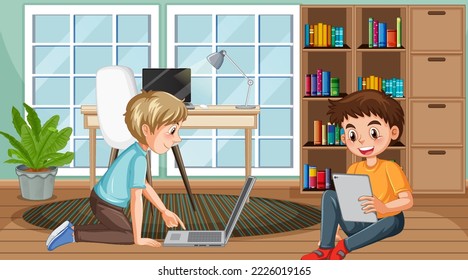 Children using technology devices at home illustration