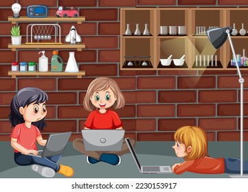Children using technology devices at home illustration