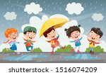 Children Using Umbrella Under The Rain