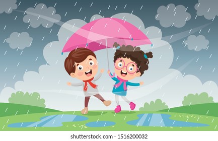 Children Using Umbrella Under The Rain