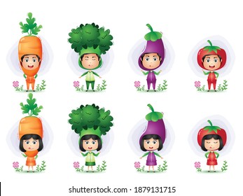 Los niños usan el personaje de la vestimenta de verduras. brócoli, berenjena, zanahoria y tomate
