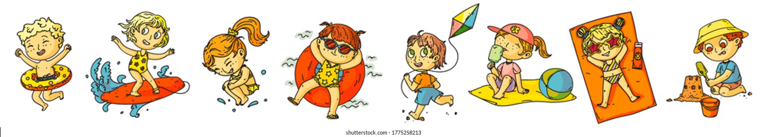 Children vacation. Isolated kids beach activities icon set. Vector children people cartoon characters playing, swimming, sunbathing, surfing, building sand castle. Childhood summer vacation recreation