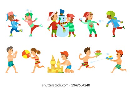 Children Vacations In Summer And Winter Vector, Kids Building Snowman And Sand Castle, Playing Water Fight And Snowball Battle. Volleyball On Beach