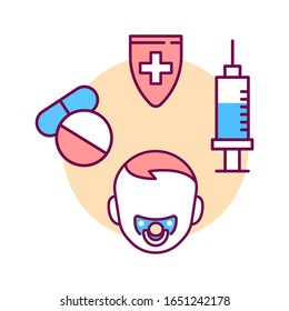 Children vaccination color line icon. Pediatric health care sign. Treatment, prevention and immunization. Pictogram for web page, mobile app, promo. UI UX GUI design element.