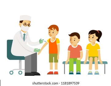Children vaccination concept. Doctor pediatrician makes an injection of flu vaccine to a kid in hospital.  Healthcare, medical treatment, prevention and immunize.