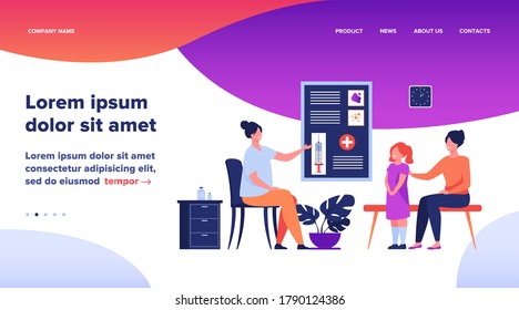 Children vaccination concept. Doctor presenting vaccine to mother with kid in hospital. Flat vector illustration for pediatrician, protection from flu topics