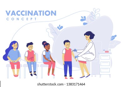 Children vaccination concept for immunity health. Doctor pediatrician makes an injection of flu vaccine to a kid in hospital.  Healthcare, medical treatment, prevention and immunize.