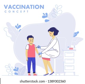 Children vaccination concept for immunity health. Doctor pediatrician makes an injection of flu vaccine to a kid in hospital.  Healthcare, medical treatment, prevention and immunize.