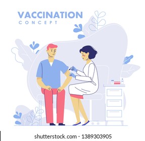 Children vaccination concept for immunity health. Doctor pediatrician makes an injection of flu vaccine to a kid in hospital.  Healthcare, medical treatment, prevention and immunize.