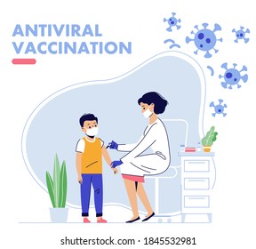 Children vaccination concept for immunity health. Covid-19.
Doctor pediatrician makes an injection of flu vaccine to a kid in hospital.  Healthcare, coronavirus, prevention and immunize.