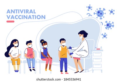 Children vaccination concept for immunity health. Covid-19.
Doctor pediatrician makes an injection of flu vaccine to a kid in hospital.  Healthcare, coronavirus, prevention and immunize.