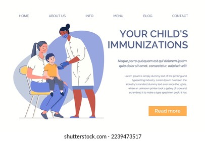 Children vaccination concept. Mom and son in doctor's office. Nurse administers vaccine to baby sitting on his mother's lap. Vector flat cartoon illustration. Web template, landing page, website.