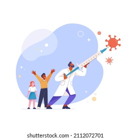 Children Vaccination concept. Vector cartoon illustration in a flat style of a doctor with a syringe, protecting children against COVID-19 virus. Isolated on background