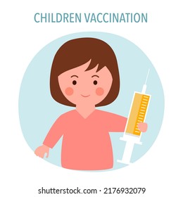 Children vaccination concept vector illustration. Child immunization. Girl kids holding injection syringe in flat design.