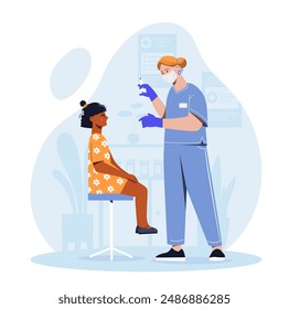 Children vaccination concept. Woman in medical uniform with syringe gives injection to child. Prevention of diseases and viruses. Health care and medicine. Flat vector illustration