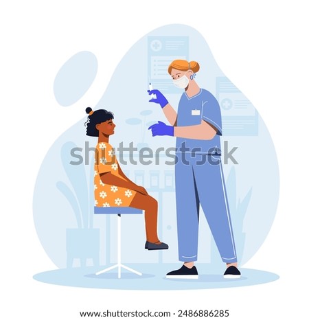 Children vaccination concept. Woman in medical uniform with syringe gives injection to child. Prevention of diseases and viruses. Health care and medicine. Flat vector illustration