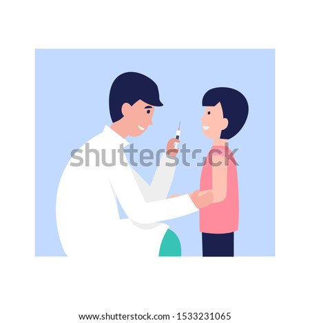 Children vaccination flat vector cartoon concept. Doctor pediatrician makes an injection of flu vaccine to a child. Healthcare and medical treatment of minor children.